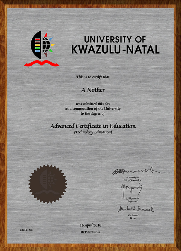 Stainless Steel Etched Graduation Plaque on Light Wood